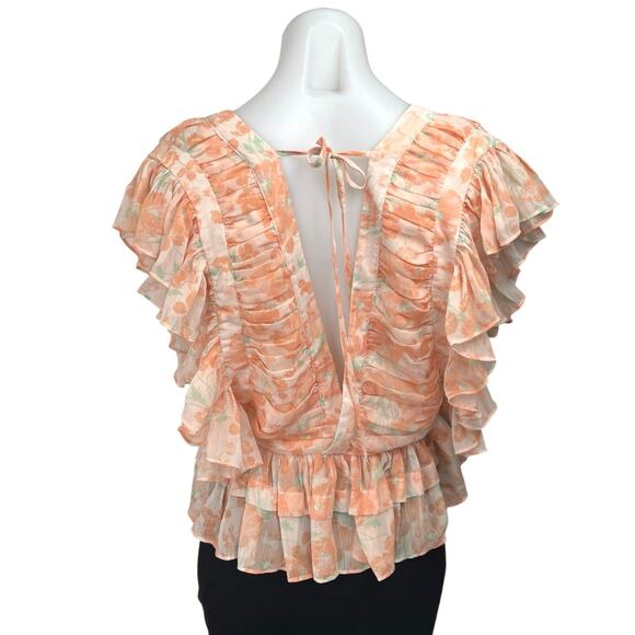 NEW Tularosa Kaia Orange Floral Ruffle Short Sleeve Peplum Crop Blouse Top Sz M - Picture 3 of 6